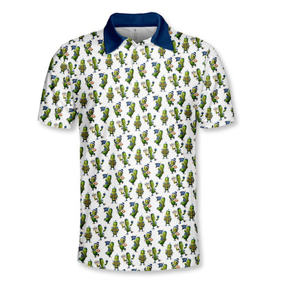 Festive white hanukkah polo shirt featuring green pickles holding menorahs, main view