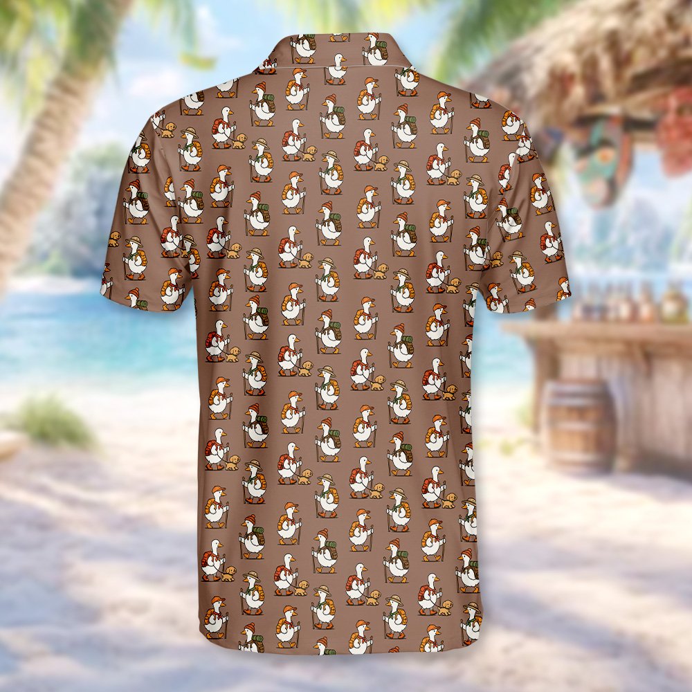 Back view of the brown hiking polo shirt with repeating duck pattern