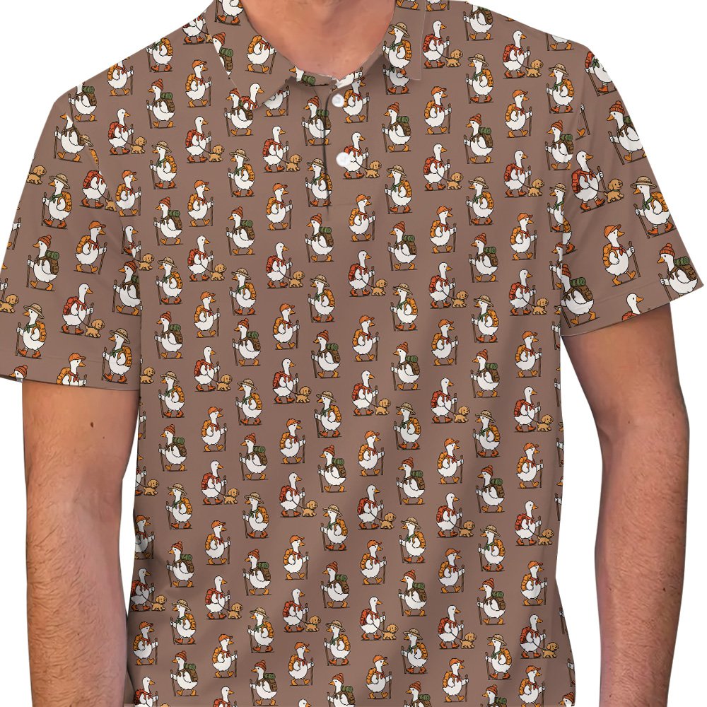 Angled front view of the brown hiking polo shirt