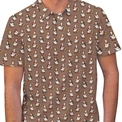Angled front view of the brown hiking polo shirt