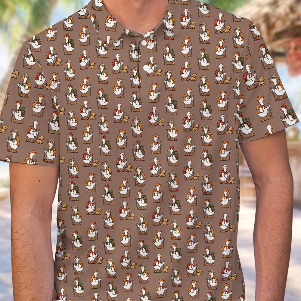 Styled front view of the brown hiking polo shirt