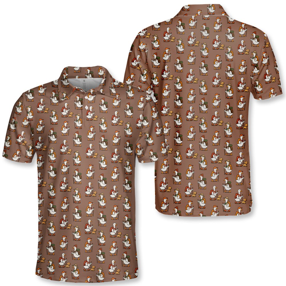 Brown hiking polo shirt featuring an all-over pattern of cartoon ducks dressed as hikers, main view