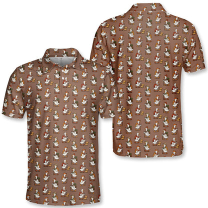 Brown hiking polo shirt featuring an all-over pattern of cartoon ducks dressed as hikers, main view