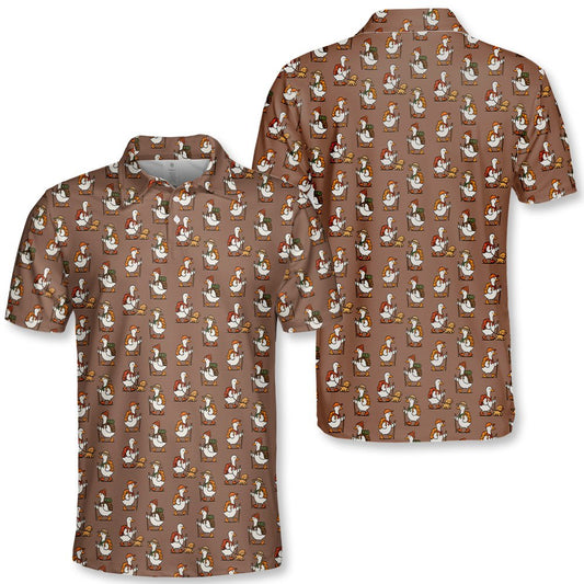 Brown hiking polo shirt featuring an all-over pattern of cartoon ducks dressed as hikers, main view