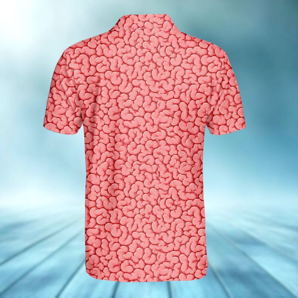 Detailed back view of the pink and red brain design polo shirt
