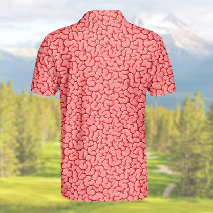 Back view of the horror polo shirt with repeating brain pattern