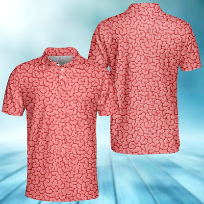 Detailed front view of the pink horror polo shirt