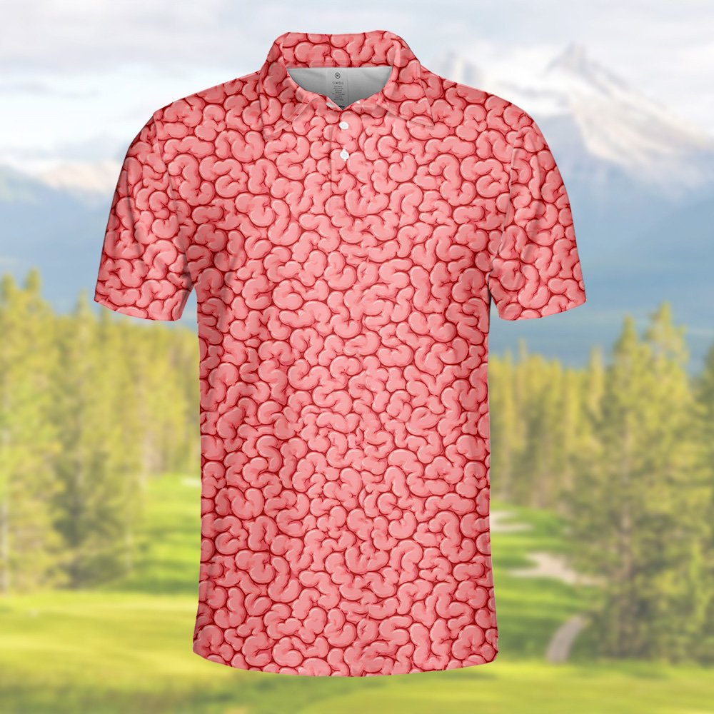 Close-up front view showing the realistic brain texture on the polo shirt