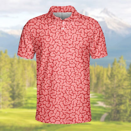 Close-up front view showing the realistic brain texture on the polo shirt