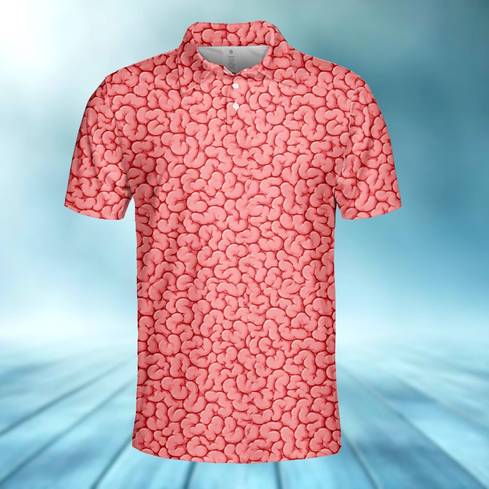 Front view of the horror polo shirt with pink human brain design
