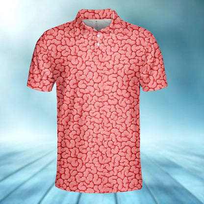 Front view of the horror polo shirt with pink human brain design