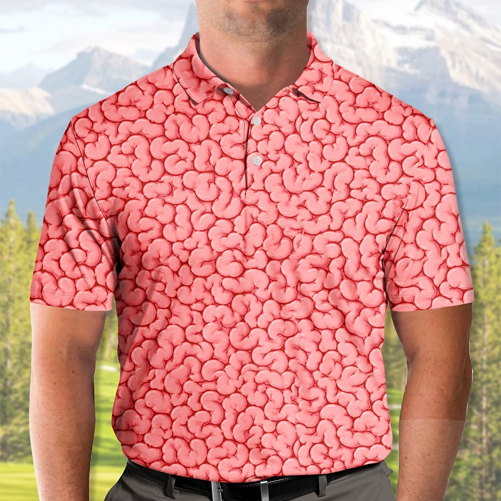 Second lifestyle view showing the pink horror polo shirt in action