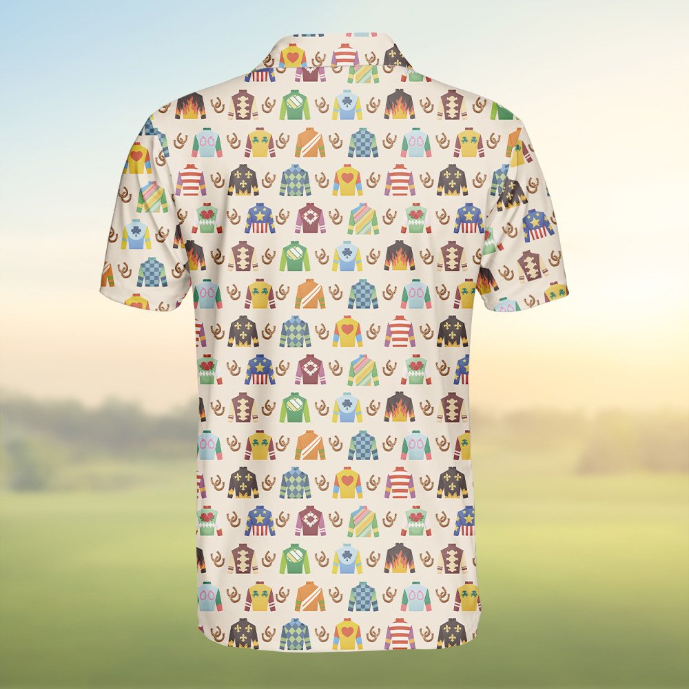Close up back view of the beige horse racing polo shirt