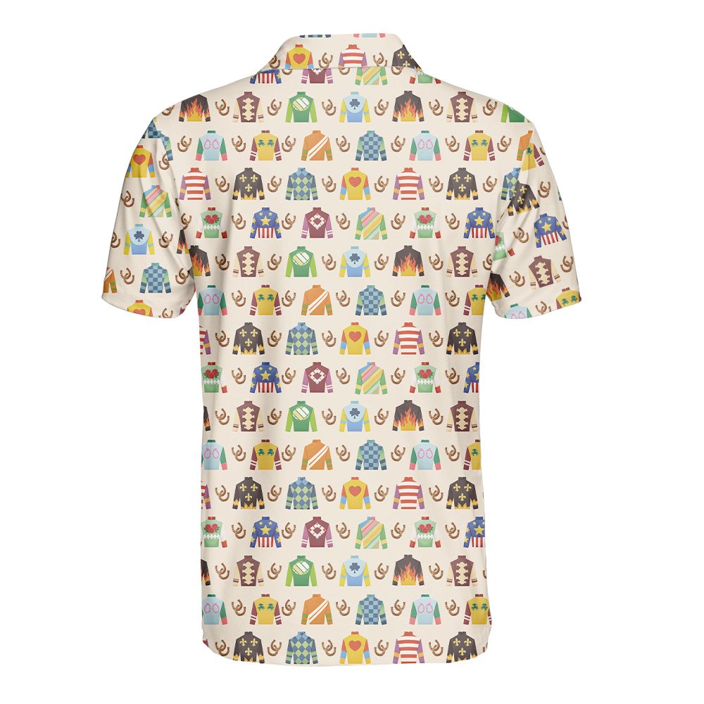 Back view of the beige horse polo shirt with equestrian design