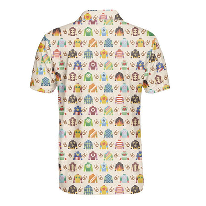 Back view of the beige horse polo shirt with equestrian design