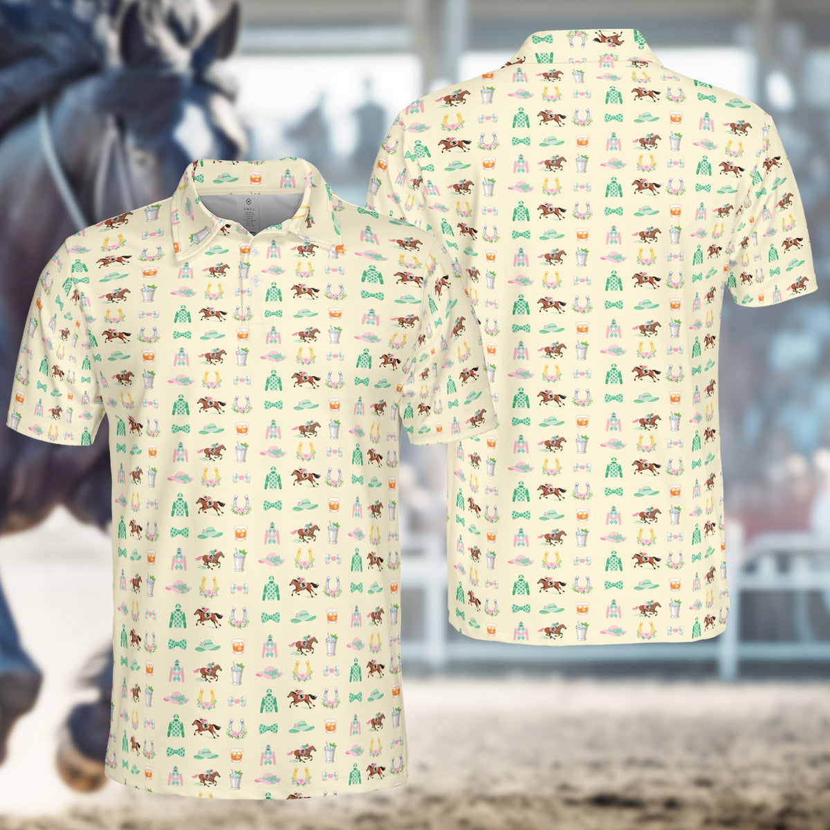 Beige racing polo shirt featuring mint juleps and derby hats, front view