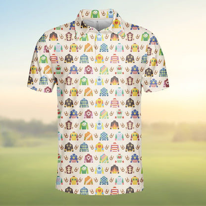 Beige horse polo shirt with jockey silks and horseshoes pattern, main view