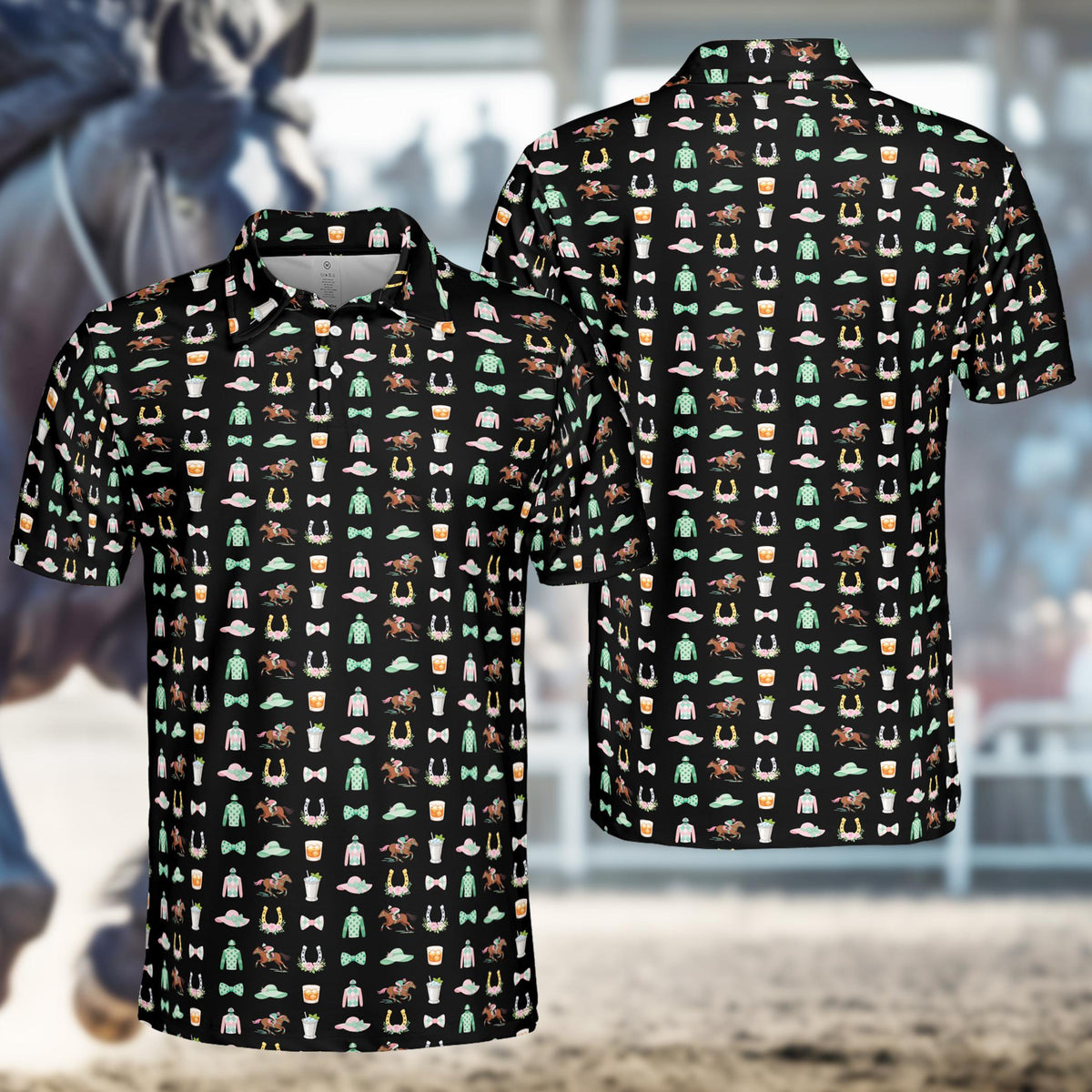 Black horse racing polo shirt with derby motifs, front view