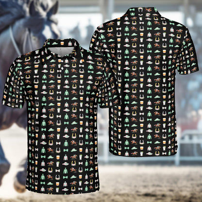 Black horse racing polo shirt with derby motifs, front view