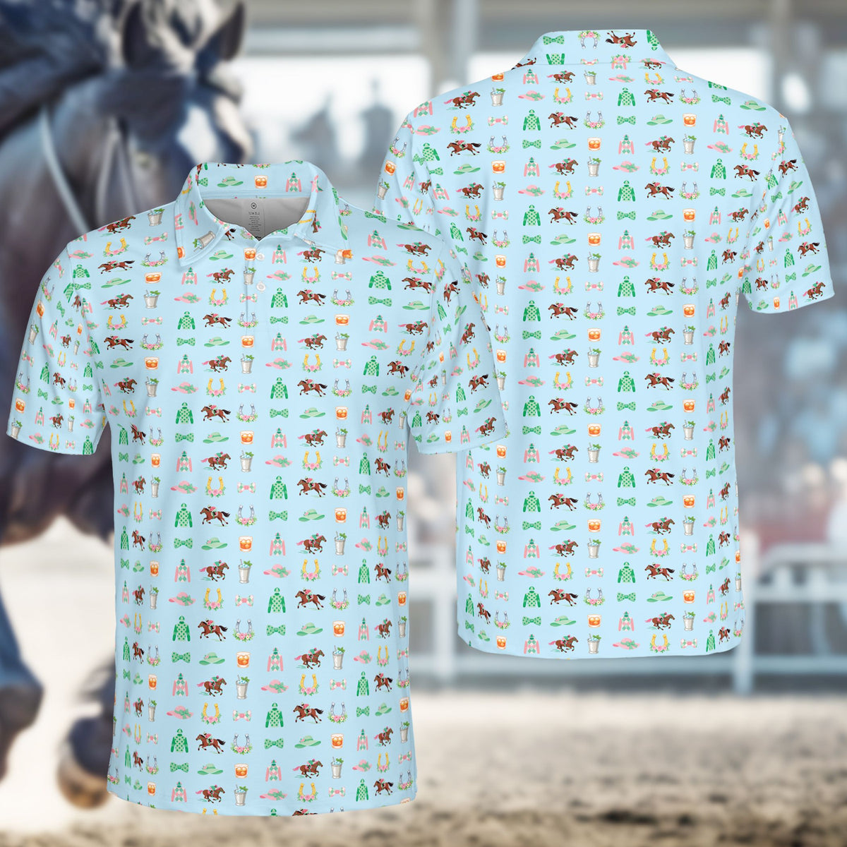 Blue horse racing polo shirt with jockeys and horseshoes, front view
