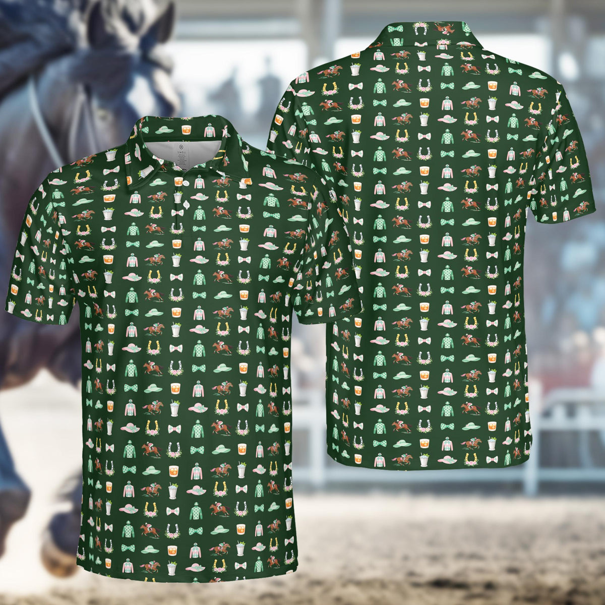 Green horse polo shirt featuring equestrian patterns, front view