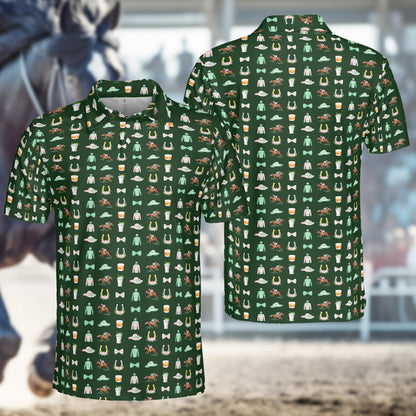 Green horse polo shirt featuring equestrian patterns, front view