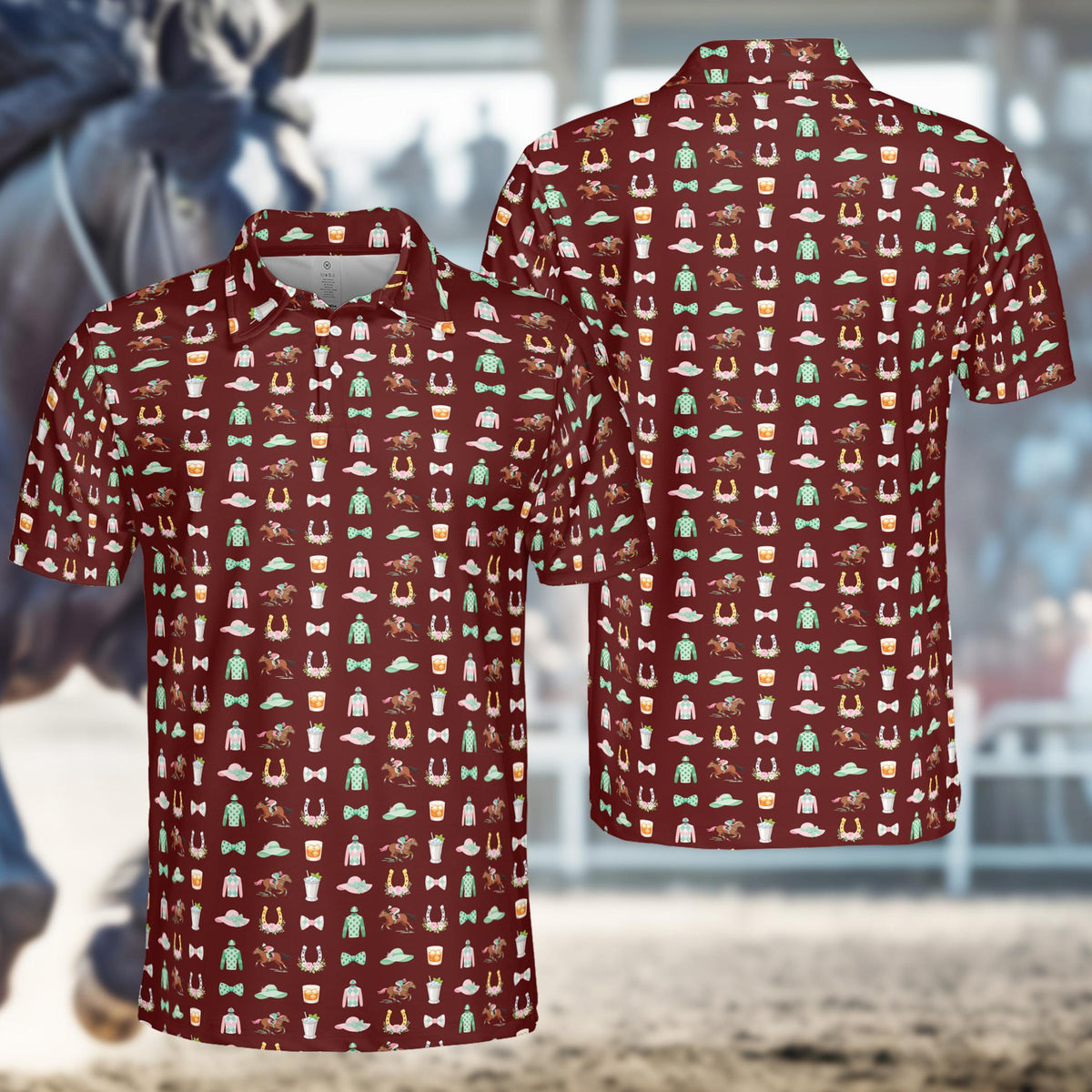 Maroon racing polo shirt with all-over print, front view