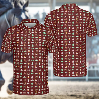 Maroon racing polo shirt with all-over print, front view