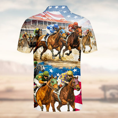 Alternate back view of the horse polo shirt