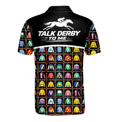 Back view of the polo shirt featuring the text Talk Derby To Me