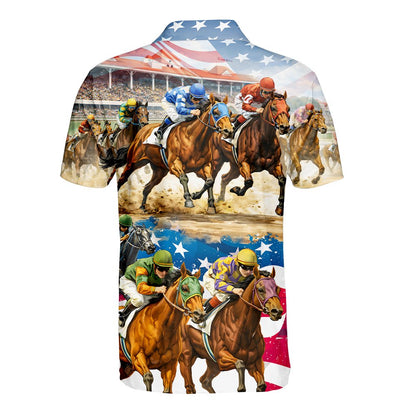 Back view of the multicolor horse polo shirt showing the track and flag background