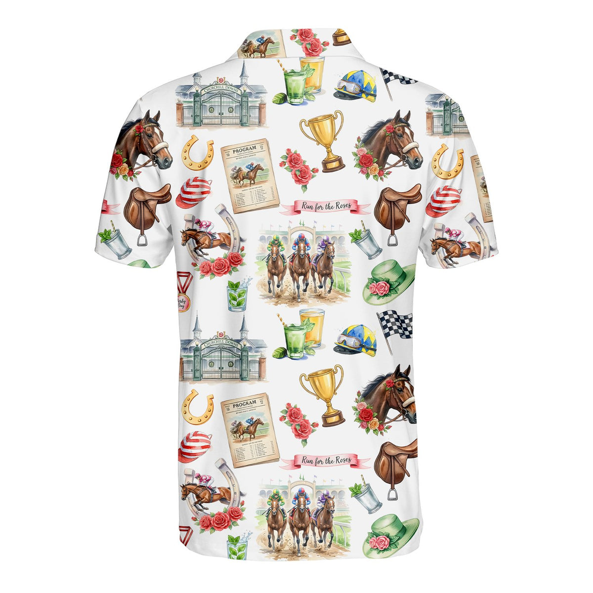 Back view of the horse racing polo shirt showing all-over print
