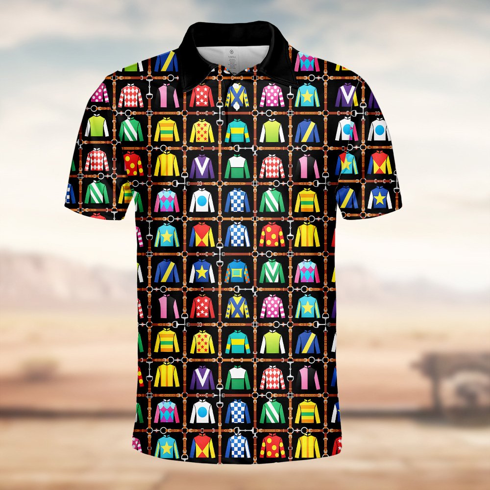 Detailed front view of the horse racing polo shirt pattern