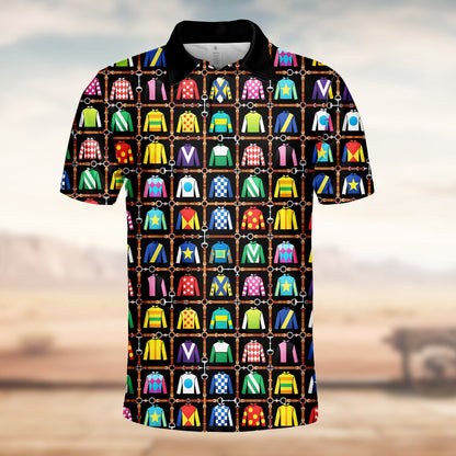 Detailed front view of the horse racing polo shirt pattern