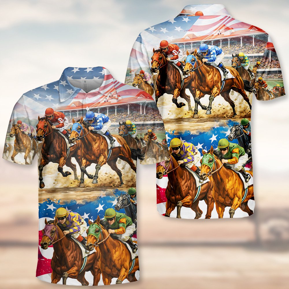Close-up front view of the horse racing polo shirt