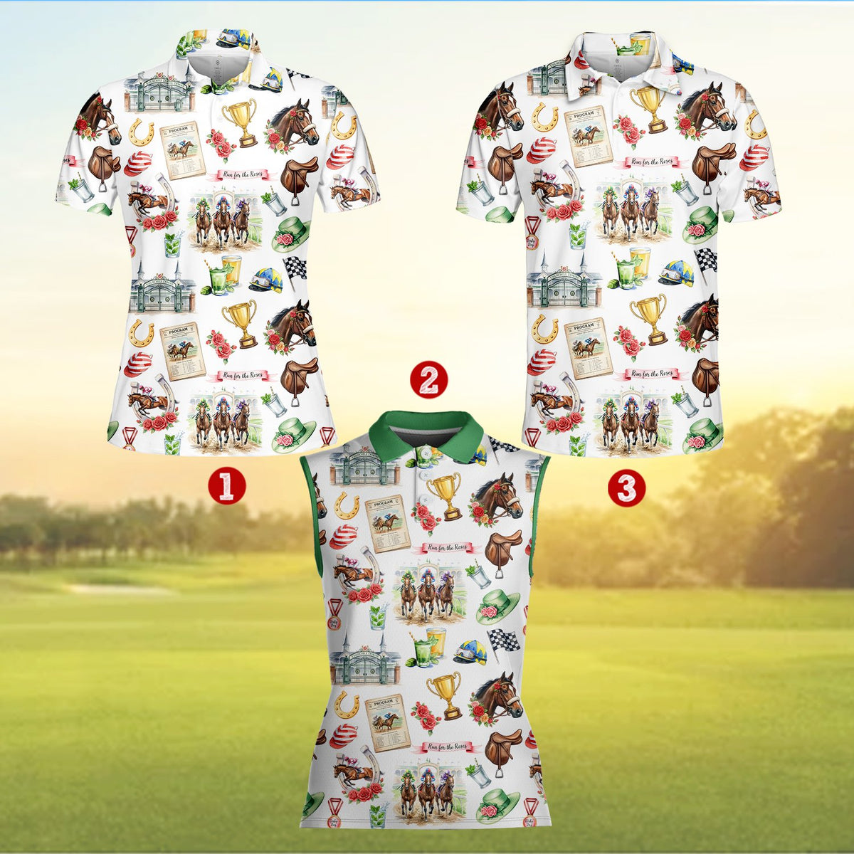 Front detail of the white horse polo shirt with trophy and horseshoe design