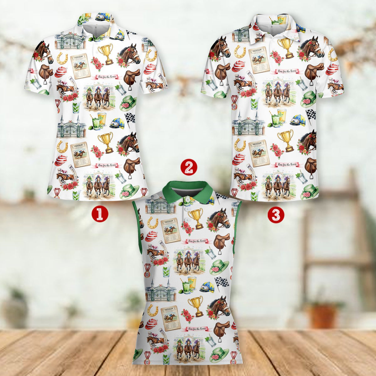 Close up front view of the horse racing polo shirt pattern
