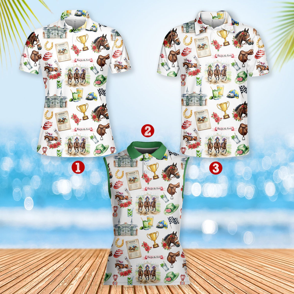 Additional front view of the horse racing polo shirt design elements