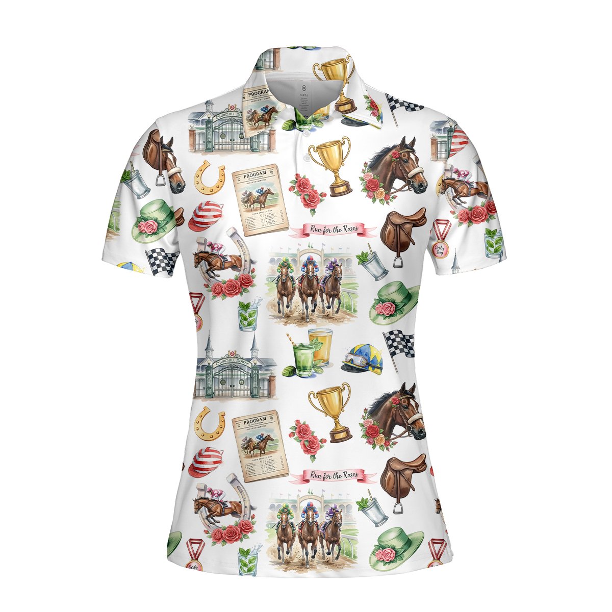 Front styling view of the horse racing polo shirt