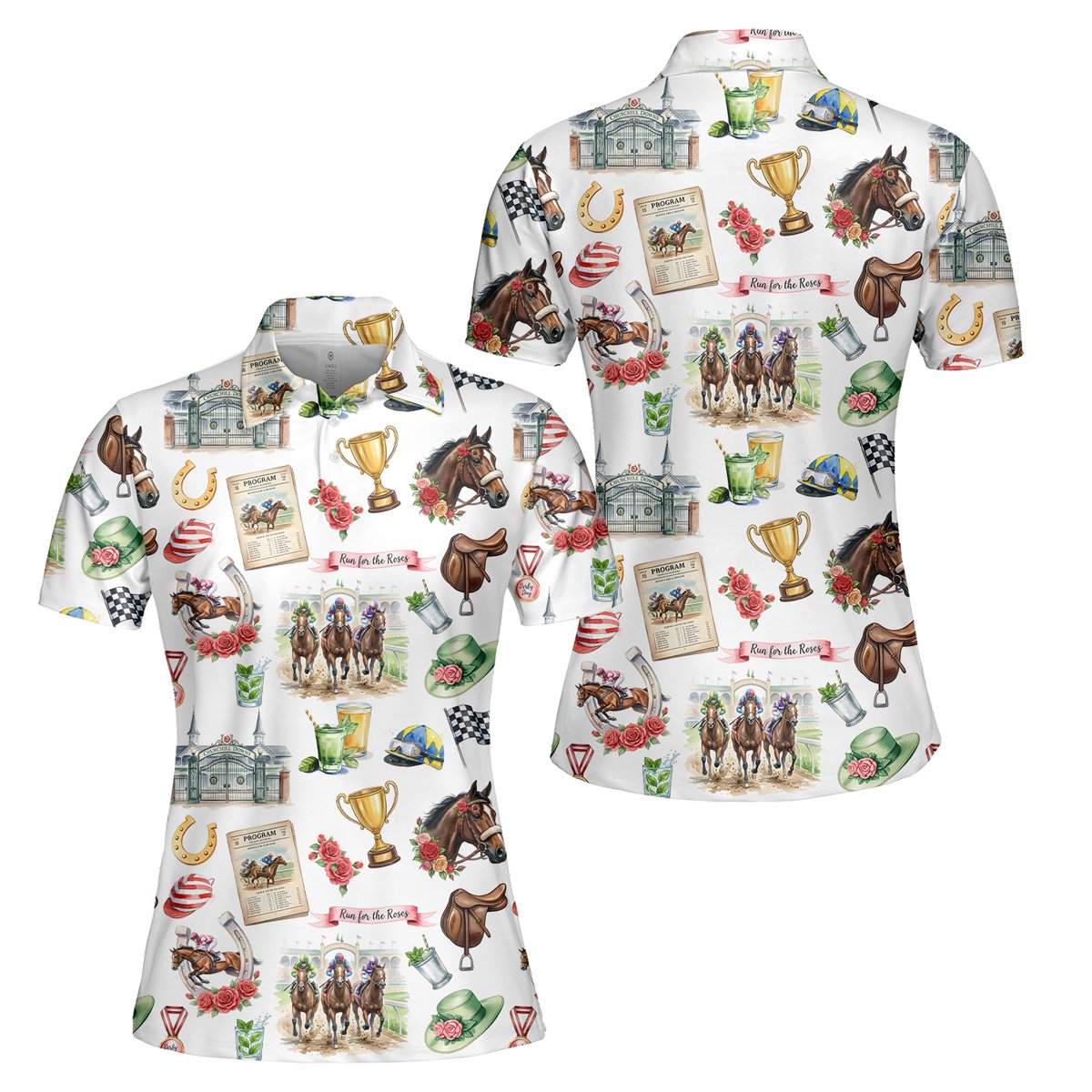 Detailed front view of the horse racing polo shirt pattern