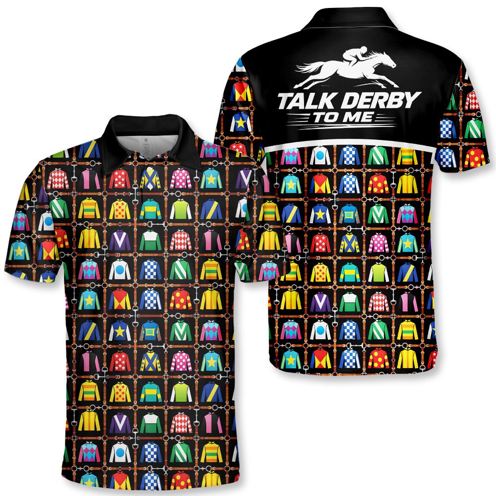 Black horse polo shirt featuring a colorful racing grid pattern, main view