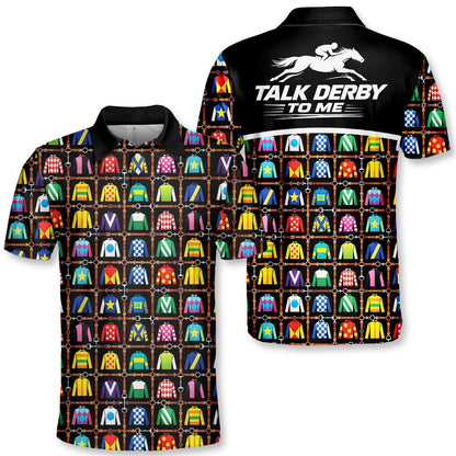 Black horse polo shirt featuring a colorful racing grid pattern, main view