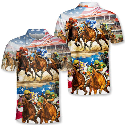 Front view of the multicolor horse polo shirt with dynamic racing design