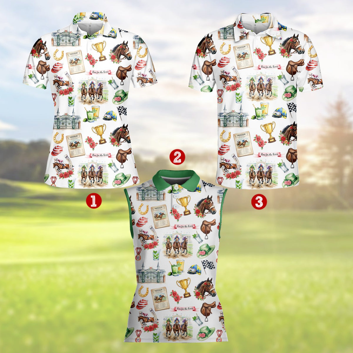Horse racing polo shirt featuring horses and roses on a white background, main view