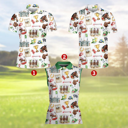 Horse racing polo shirt featuring horses and roses on a white background, main view