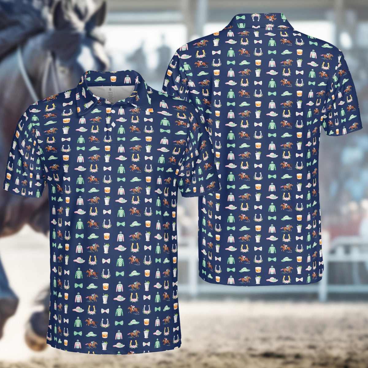 Navy horse polo shirt with classic derby icons, front view