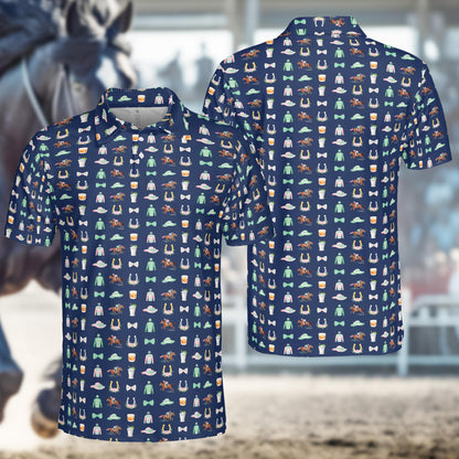 Navy horse polo shirt with classic derby icons, front view
