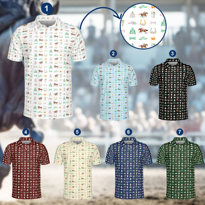 Detailed pattern view of the horse racing derby polo shirt