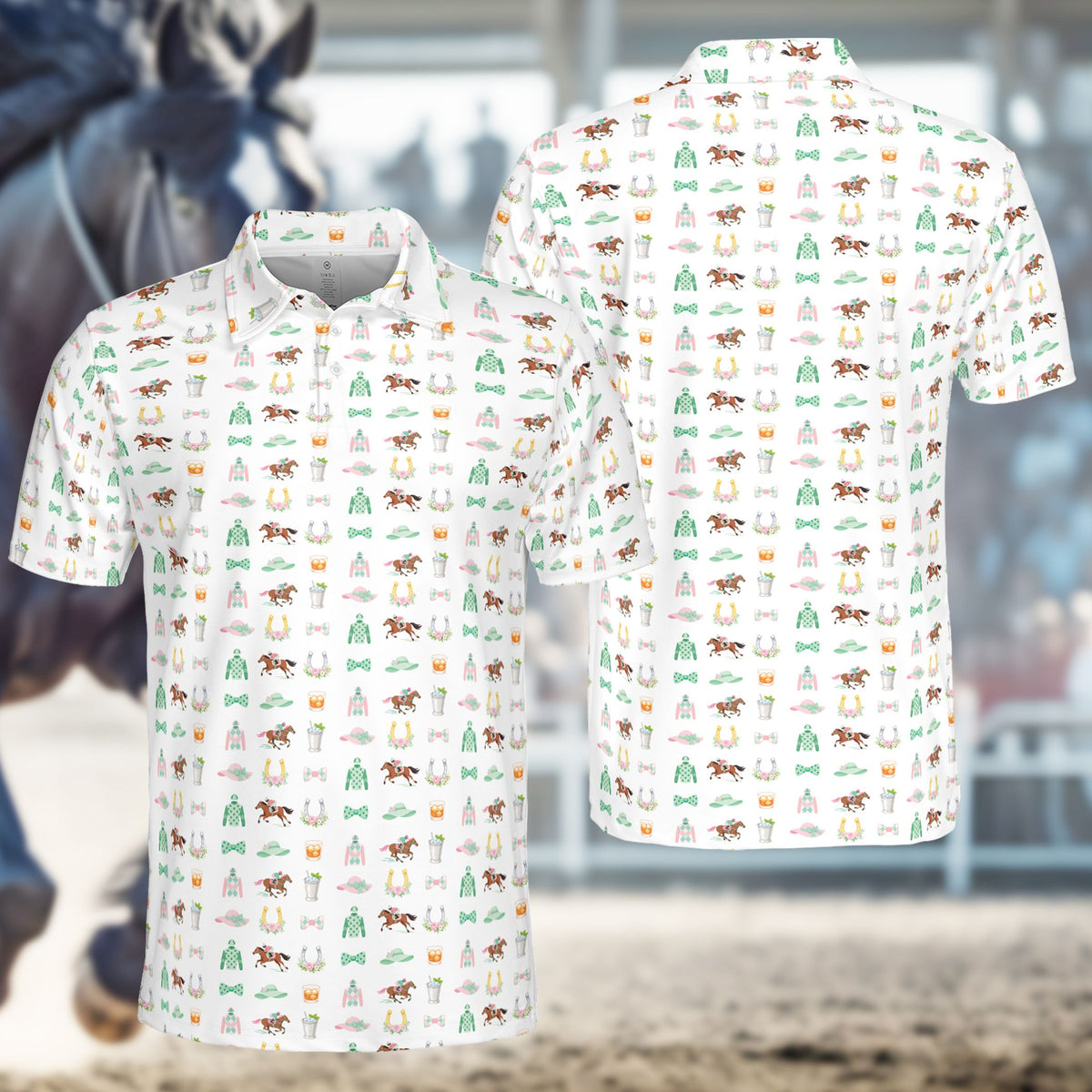 White horse polo shirt with repeated derby grid motifs, front view