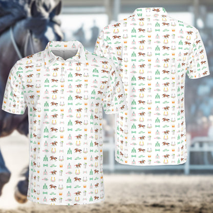 White horse polo shirt with repeated derby grid motifs, front view
